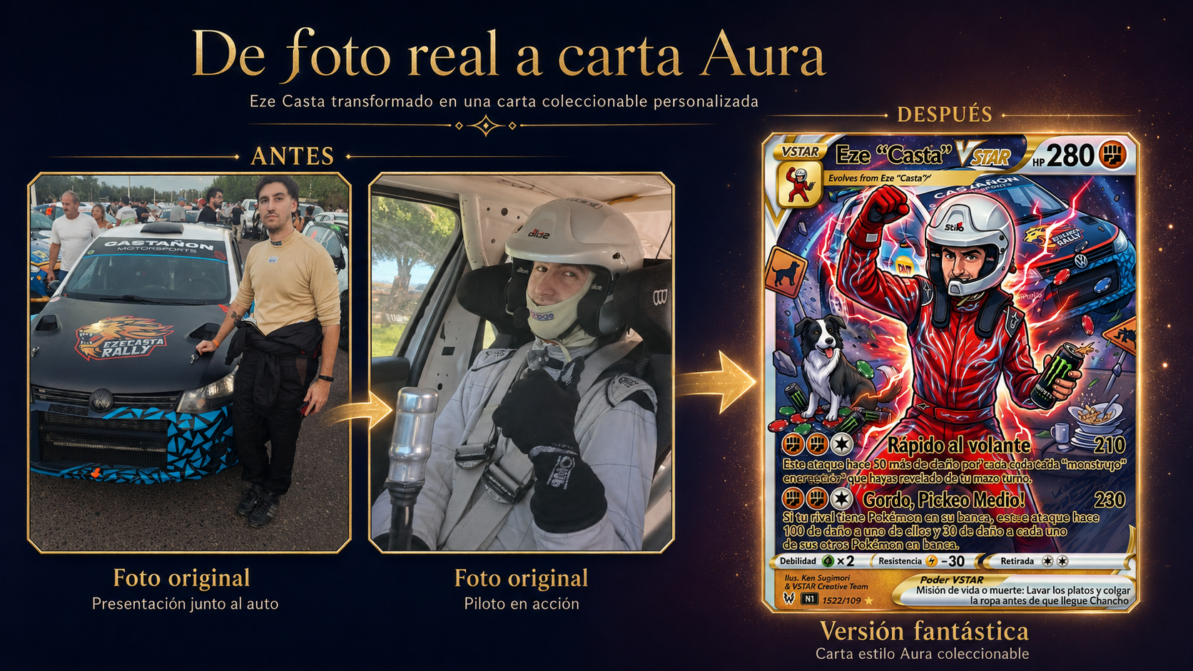 Collage horizontal de Eze Casta: foto real como piloto y carta coleccionable Aura Cards inspirada en su profesión.