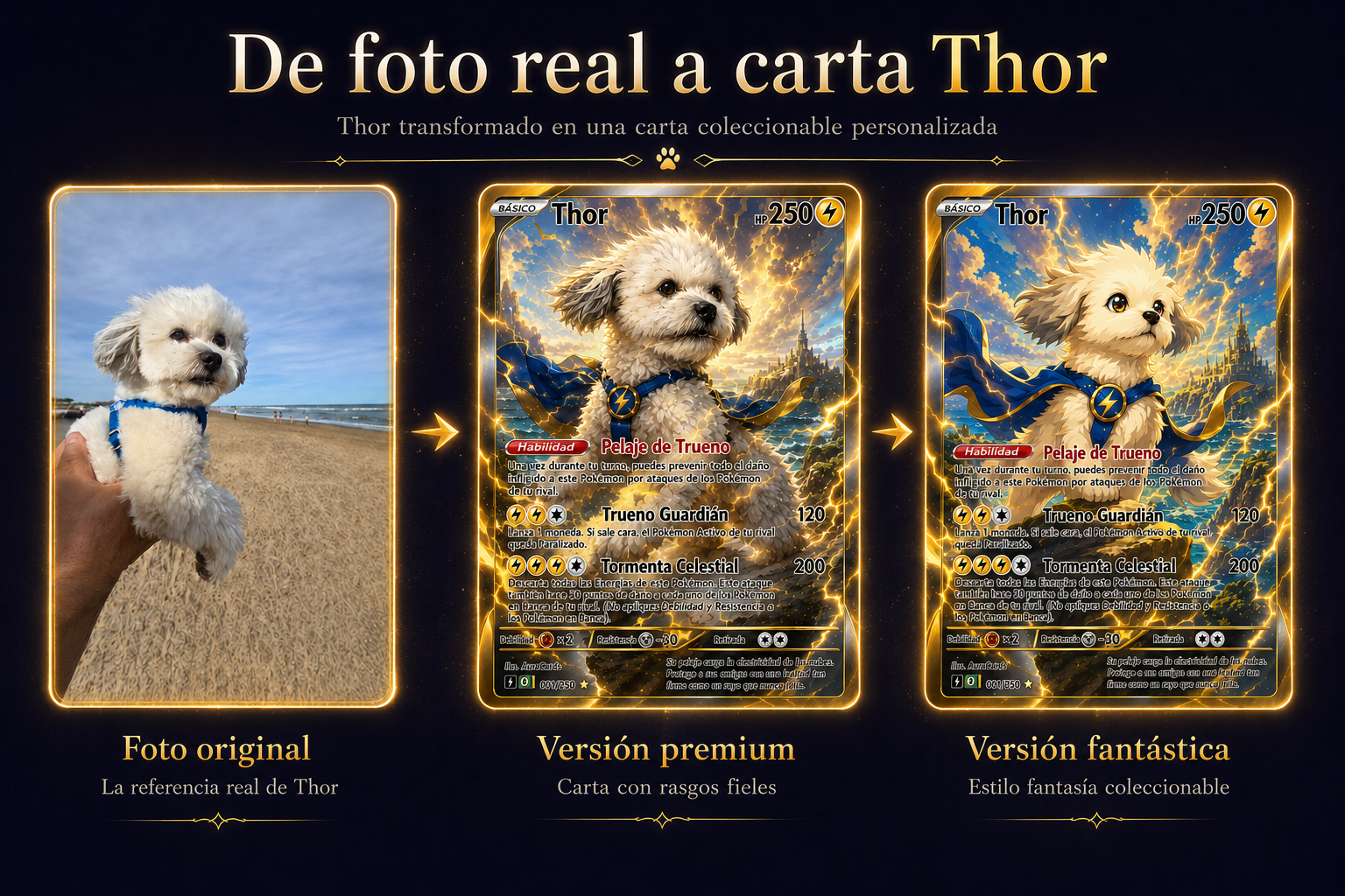 De foto real a carta Thor: perrito blanco transformado en carta coleccionable premium y versión fantástica.