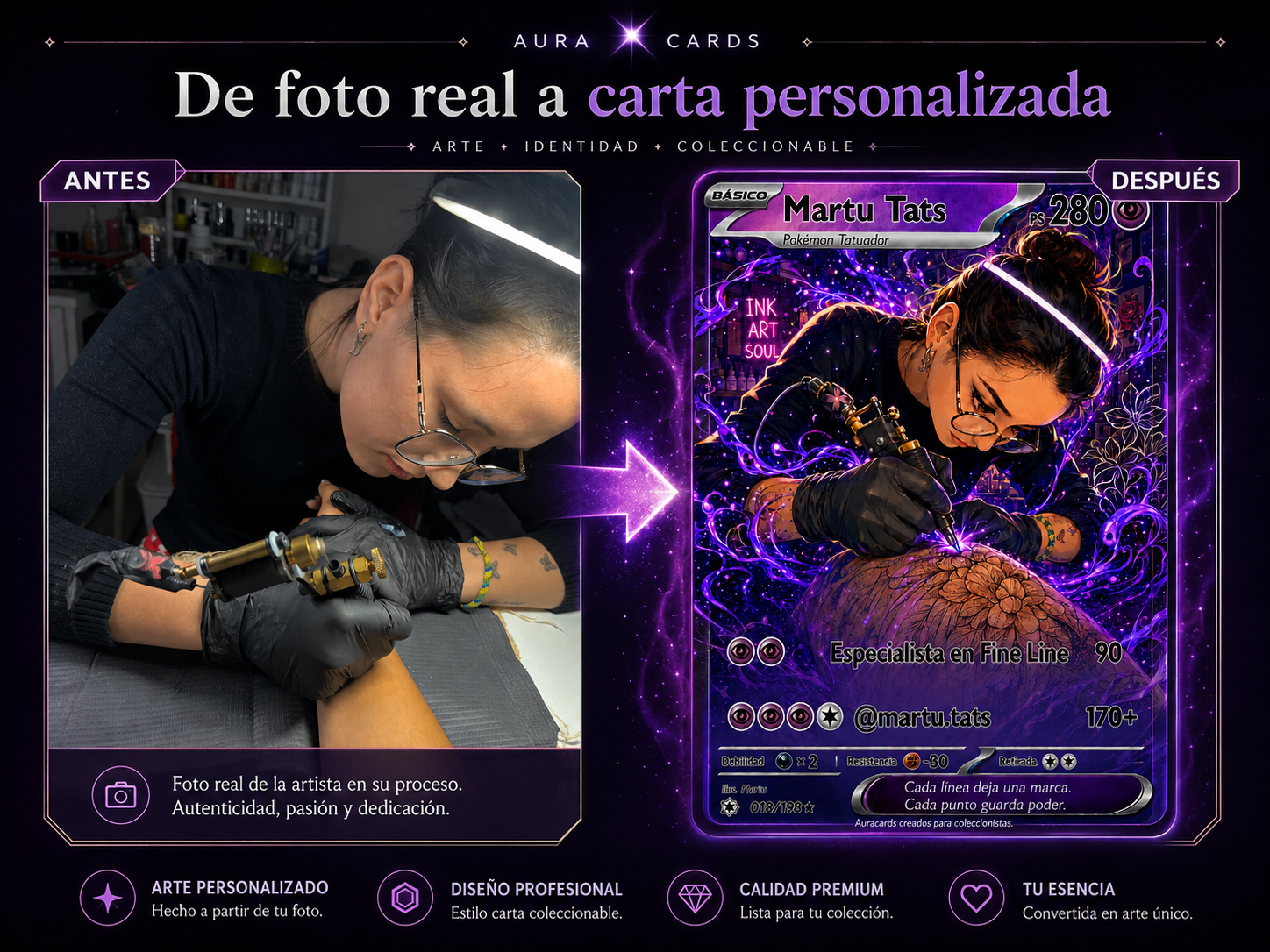 Collage horizontal de Martu Tats tatuando y su versión final como carta coleccionable AuraCards.
