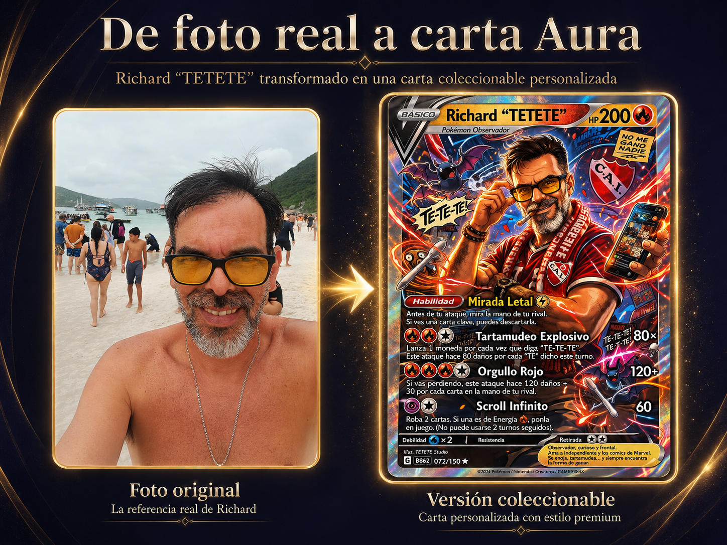 De foto real a carta Aura: Richard TETETE transformado en carta coleccionable premium.