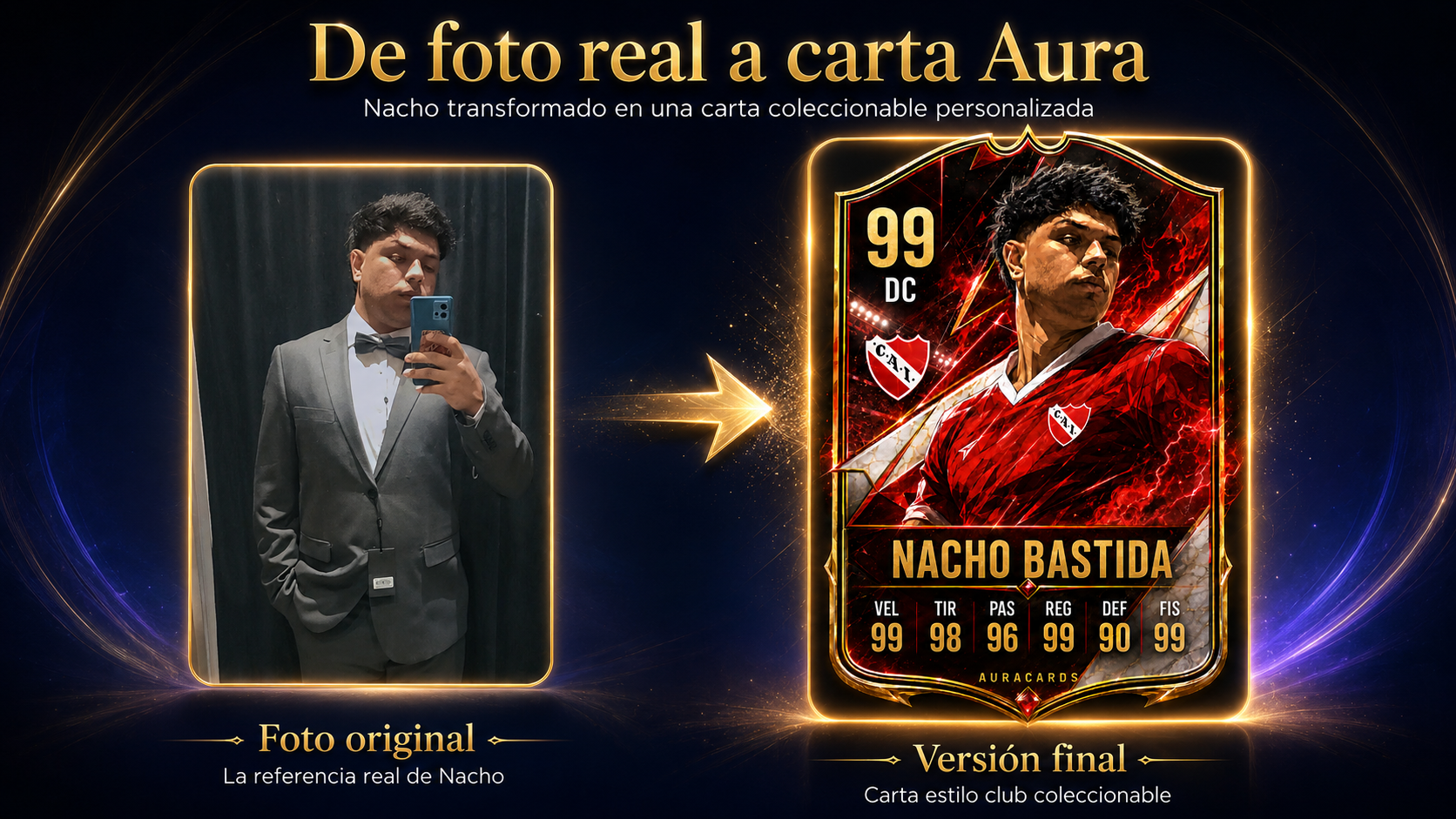 Collage horizontal de Nacho: foto original y carta final con identidad de club y marco dorado premium.