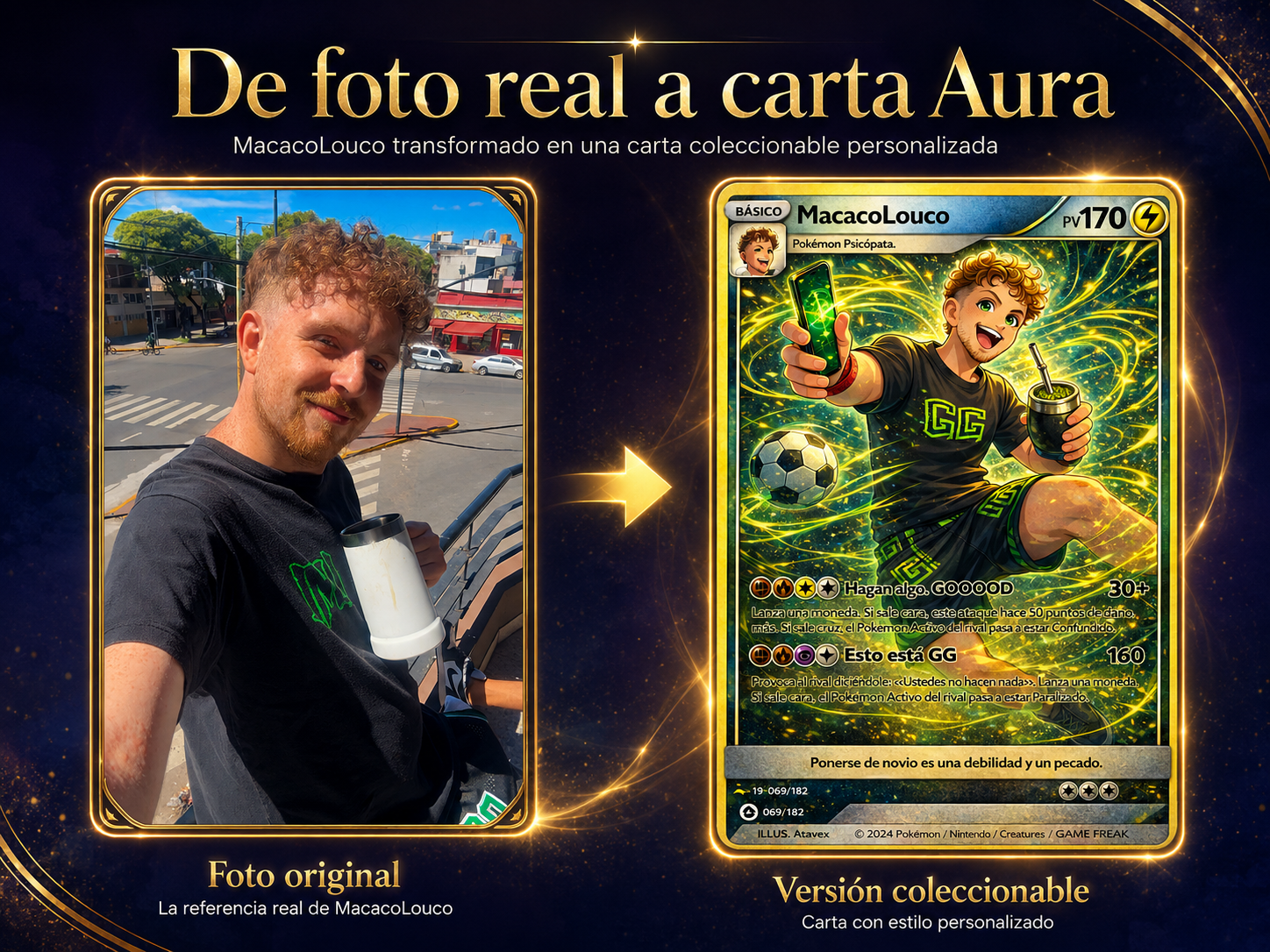 De foto real a carta Aura: MacacoLouco transformado en carta coleccionable personalizada.