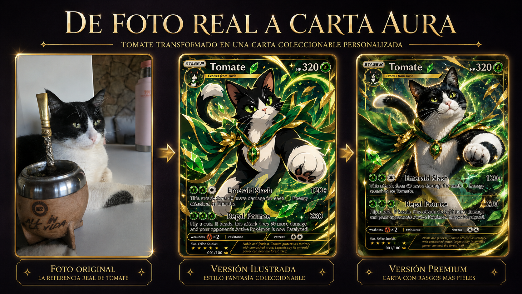 De foto real a carta Aura: Tomate, gato blanco y negro, transformado en versión ilustrada y premium.