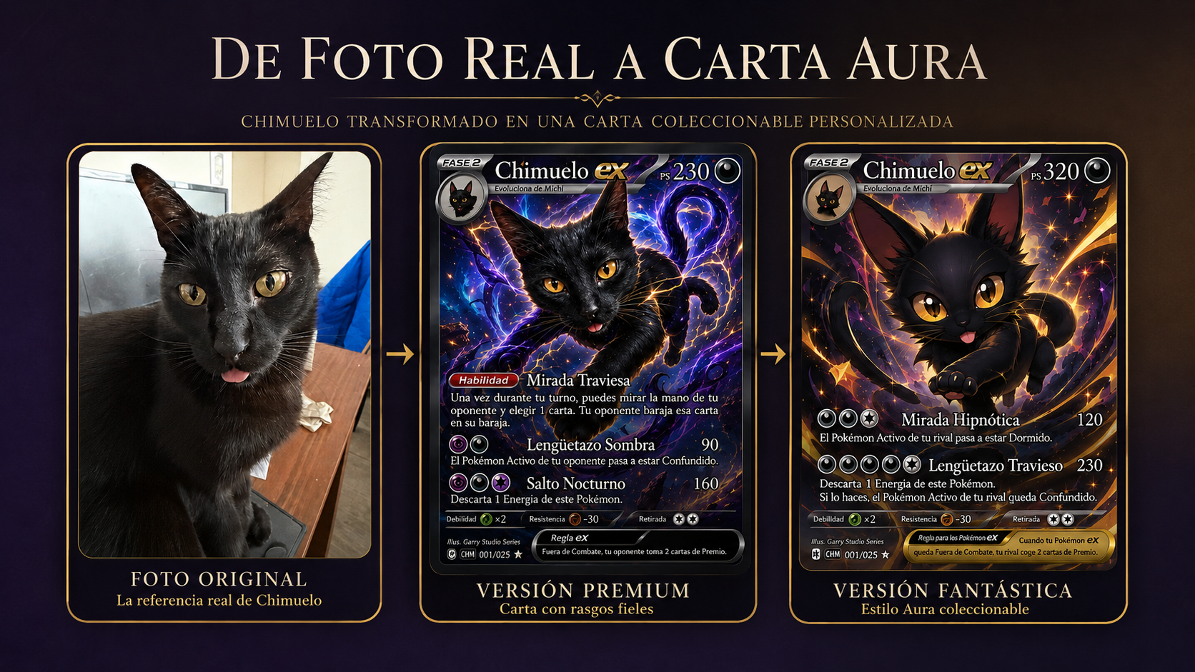 De foto real a carta Aura: Chimuelo, gato negro, transformado en carta coleccionable premium y versión fantástica.