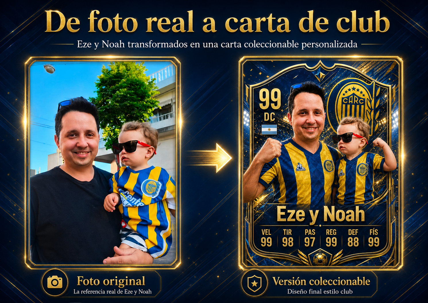 Collage horizontal de Eze y Noah: foto real a la izquierda y versión coleccionable de club a la derecha.