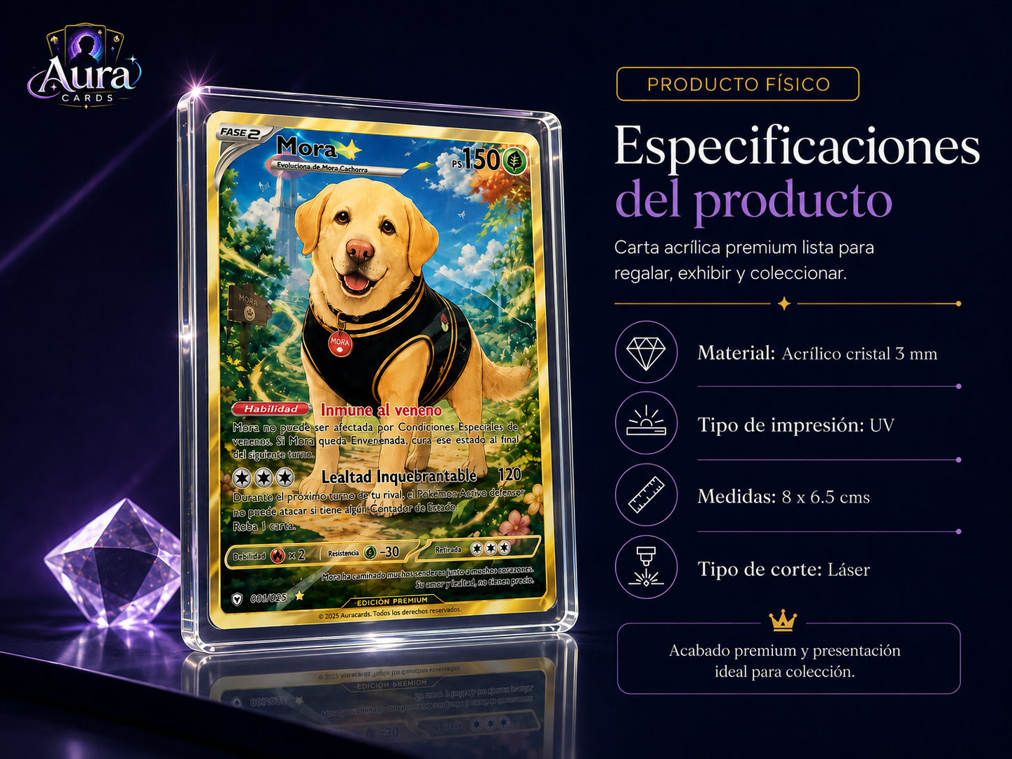Especificaciones del producto físico Aura Cards: carta acrílica premium de 8 x 6.5 cm, material acrílico cristal 3 mm, impresión UV y corte láser.