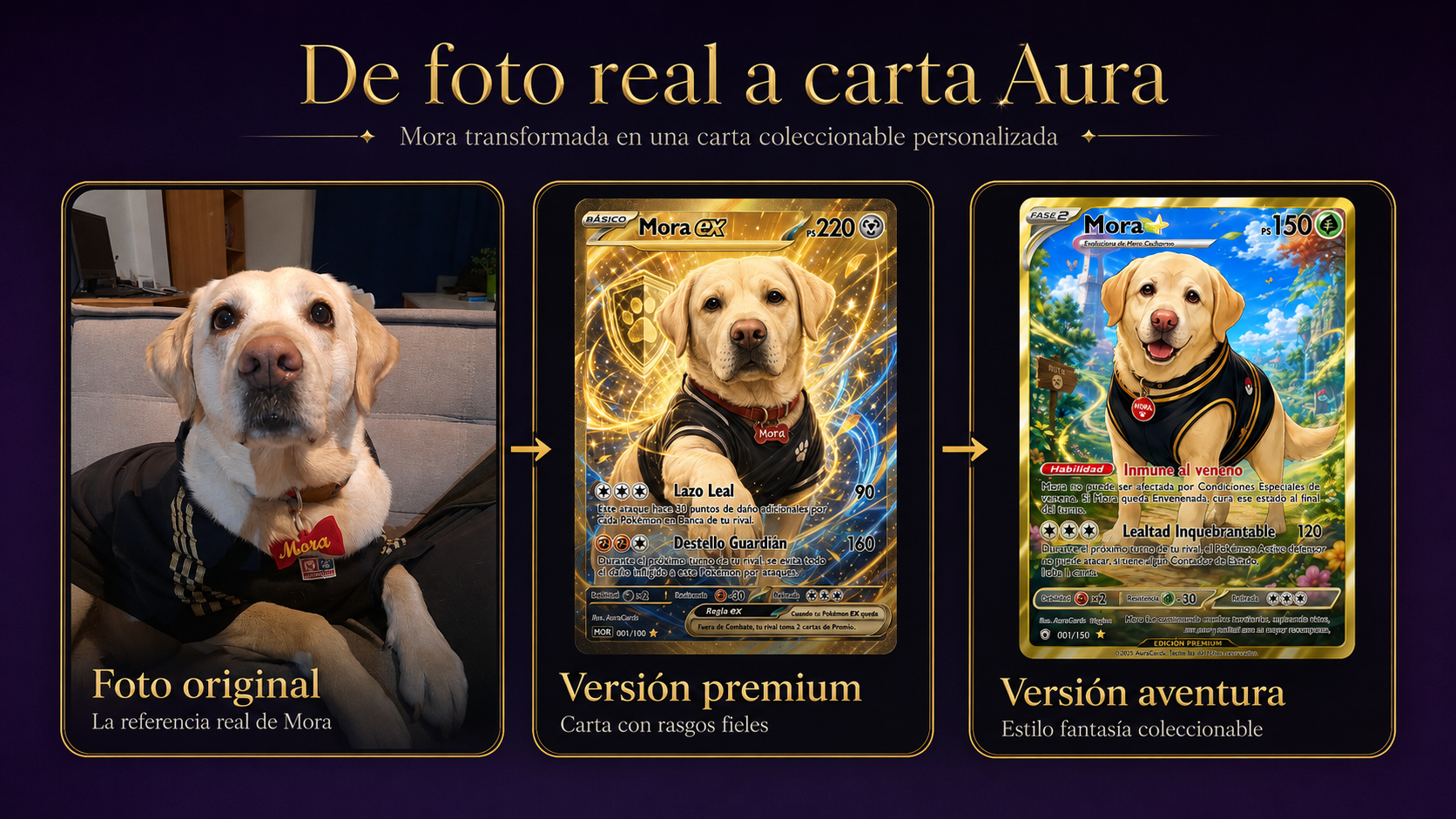 De foto real a carta Aura: Mora, labradora dorada, transformada en carta coleccionable premium y versión aventura.