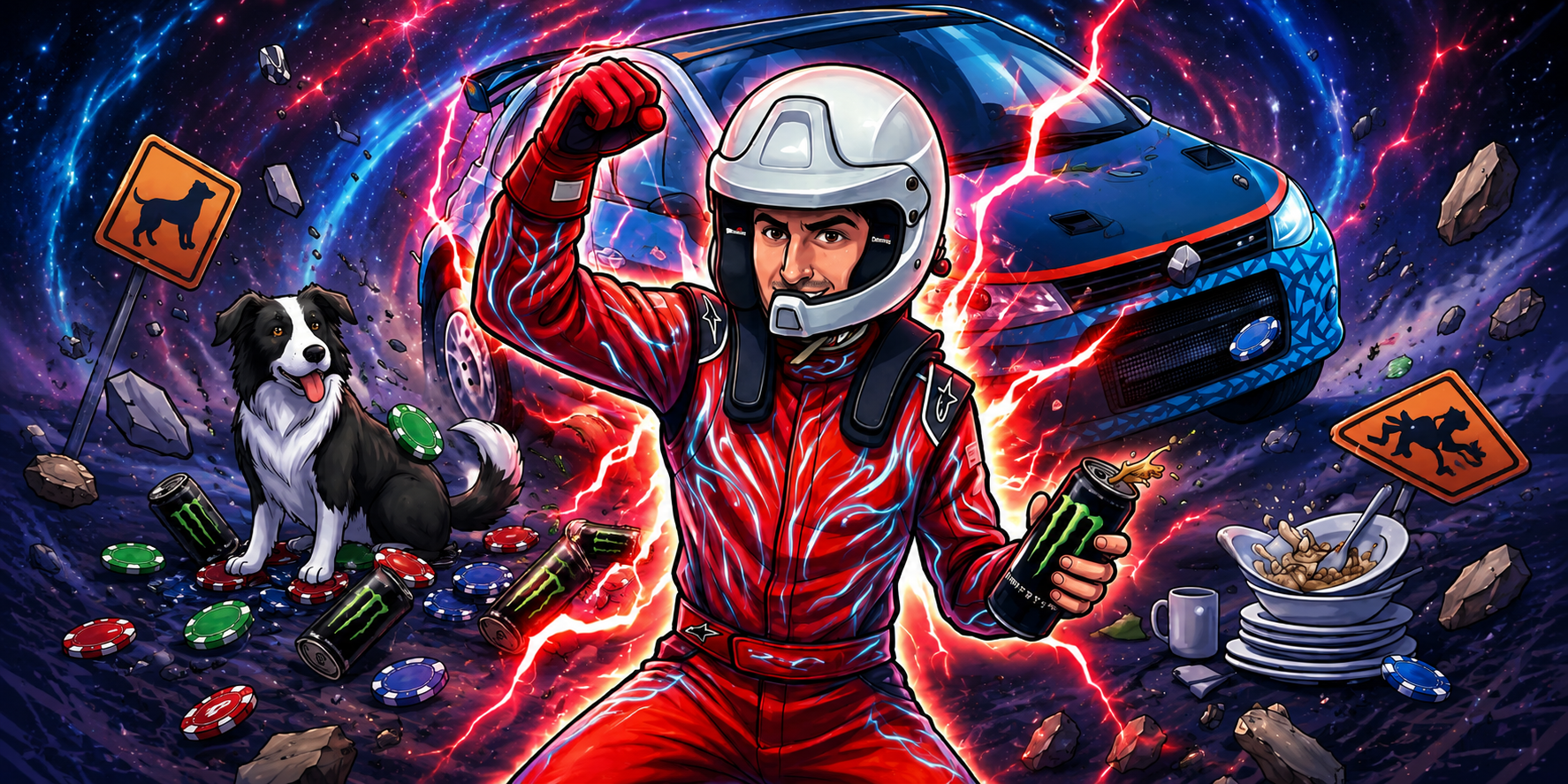 Banner horizontal de corredor de rally con casco y mono rojo, estética cósmica Aura Cards.