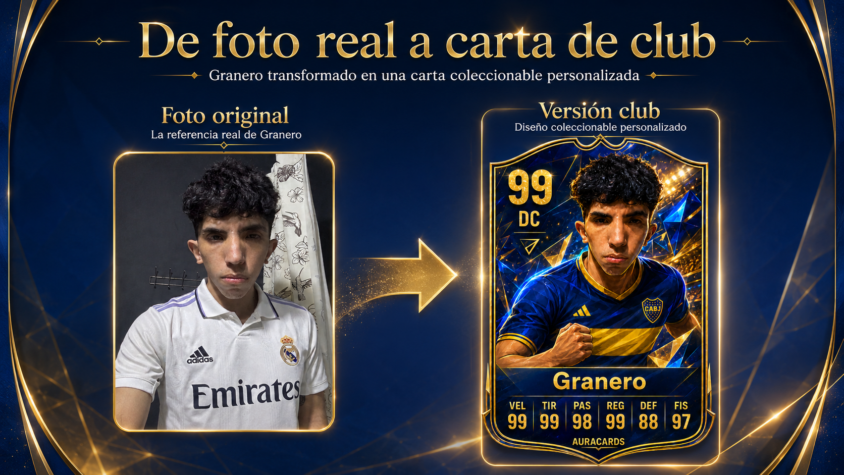 Collage horizontal de Granero con camiseta, escudo y carta de club personalizada de estética premium.