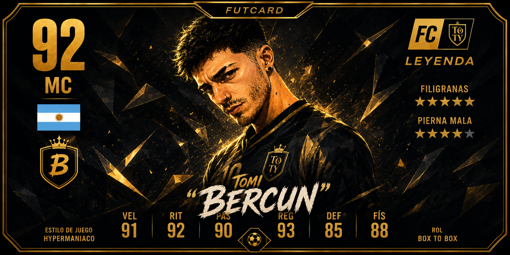 Futcard horizontal premium inspirada en colores de club con marco dorado.