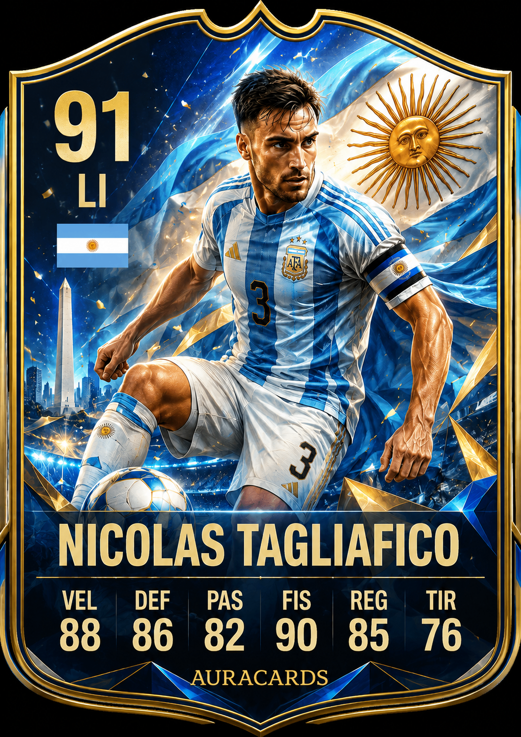 Futcard albiceleste de Nicolás Tagliafico con composición deportiva y bandera argentina.