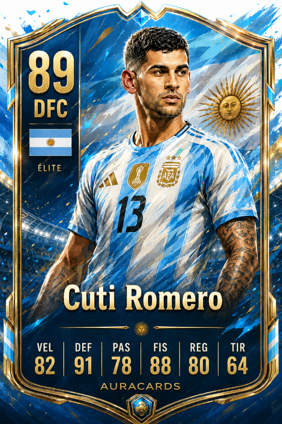 Futcard albiceleste de Cuti Romero con camiseta argentina y detalles dorados.