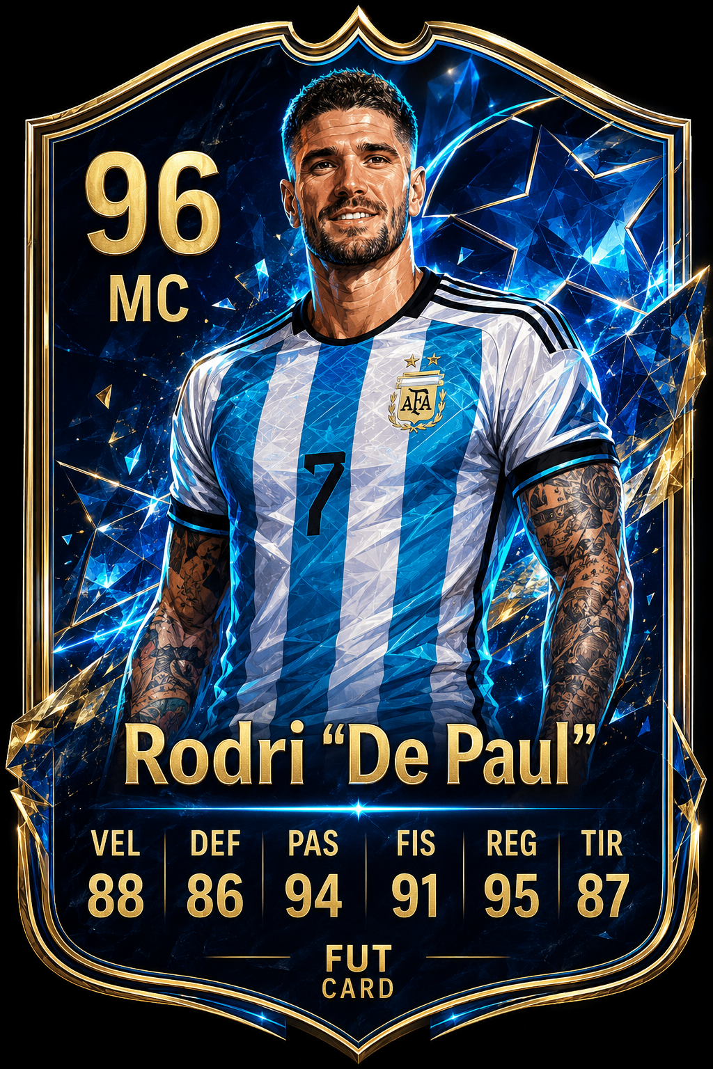 Futcard albiceleste de Rodrigo De Paul con estilo deportivo premium de selección argentina.