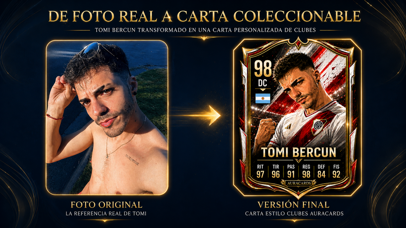 Collage horizontal de Tomi: foto real a la izquierda y carta de club personalizada Aura Cards a la derecha.