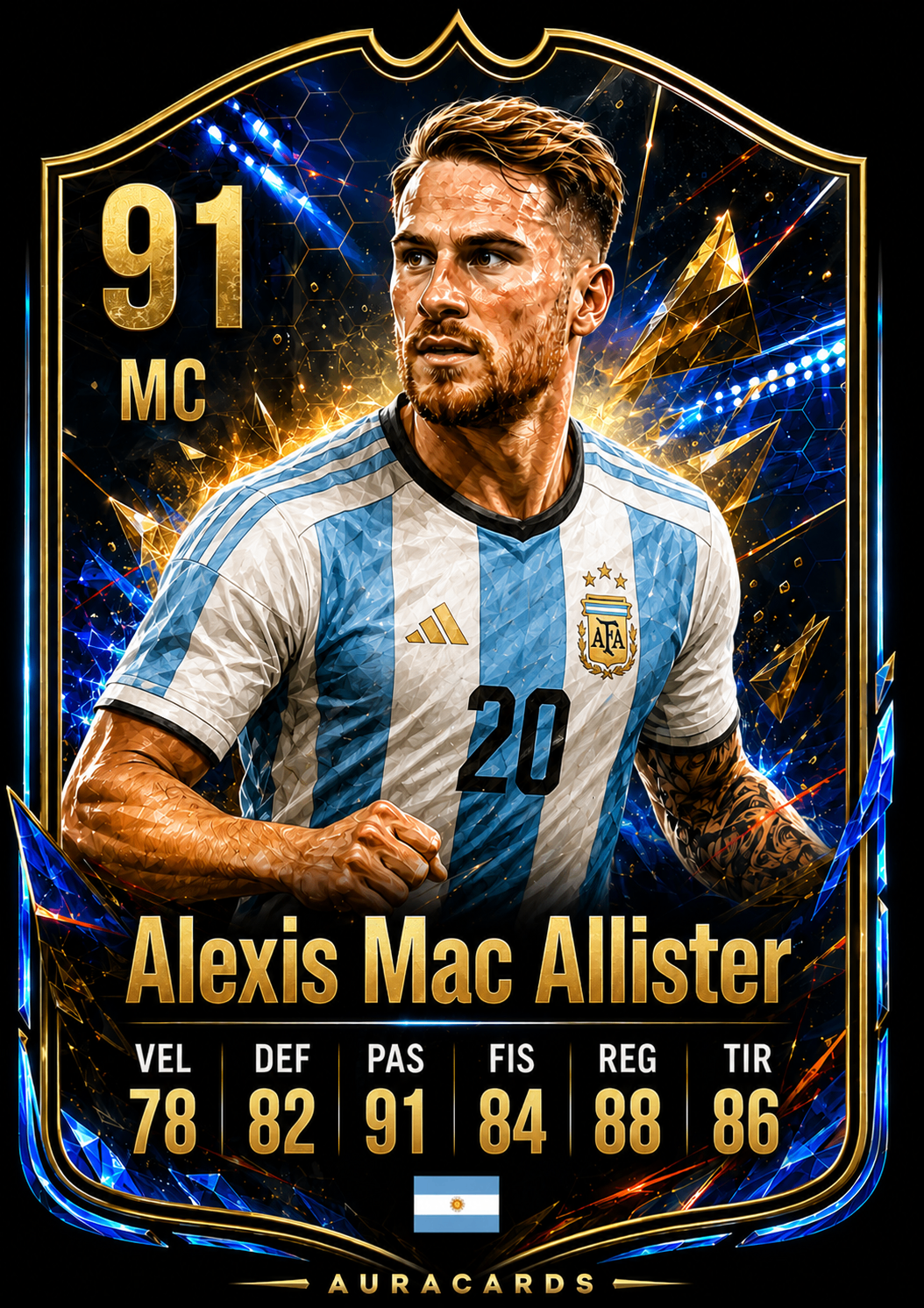 Futcard albiceleste de Alexis Mac Allister con estética premium y stats personalizados.