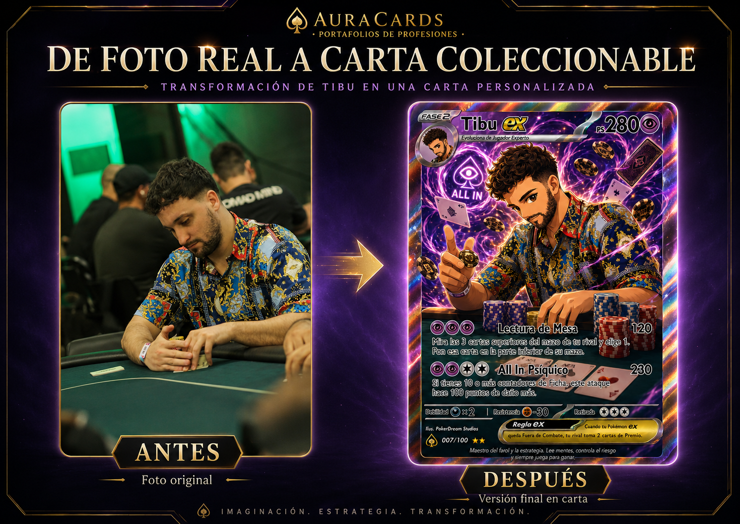 Collage horizontal de Tibu: foto en mesa de poker y carta personalizada AuraCards con estética coleccionable.