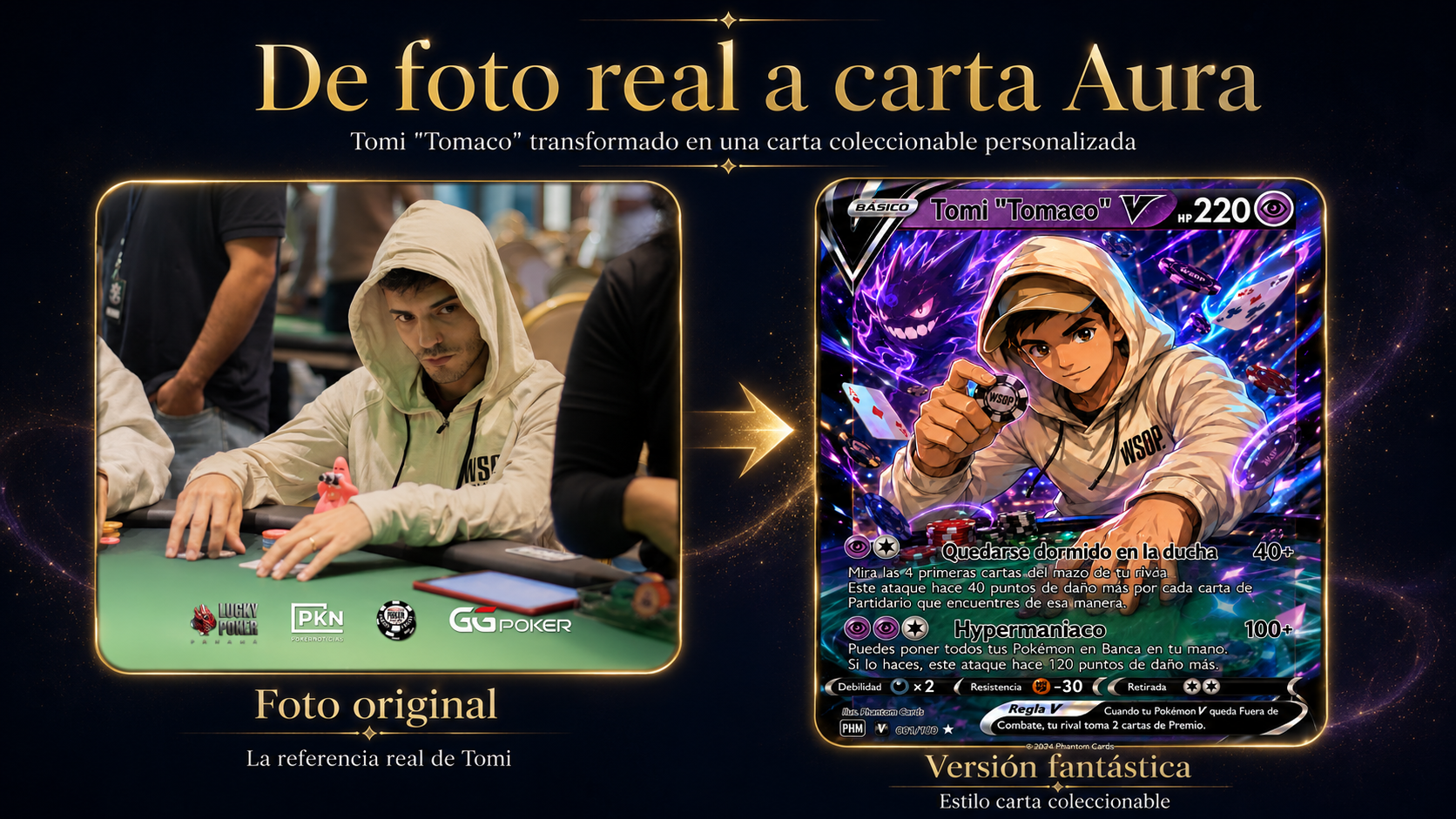 De foto real a carta Aura: Tomi Tomaco transformado en carta coleccionable premium.