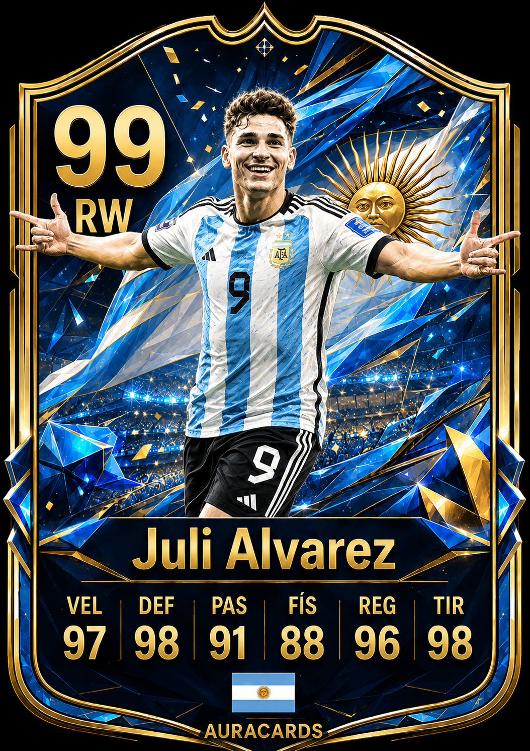 Futcard albiceleste de Juli Álvarez con marco dorado y fondo azul brillante.