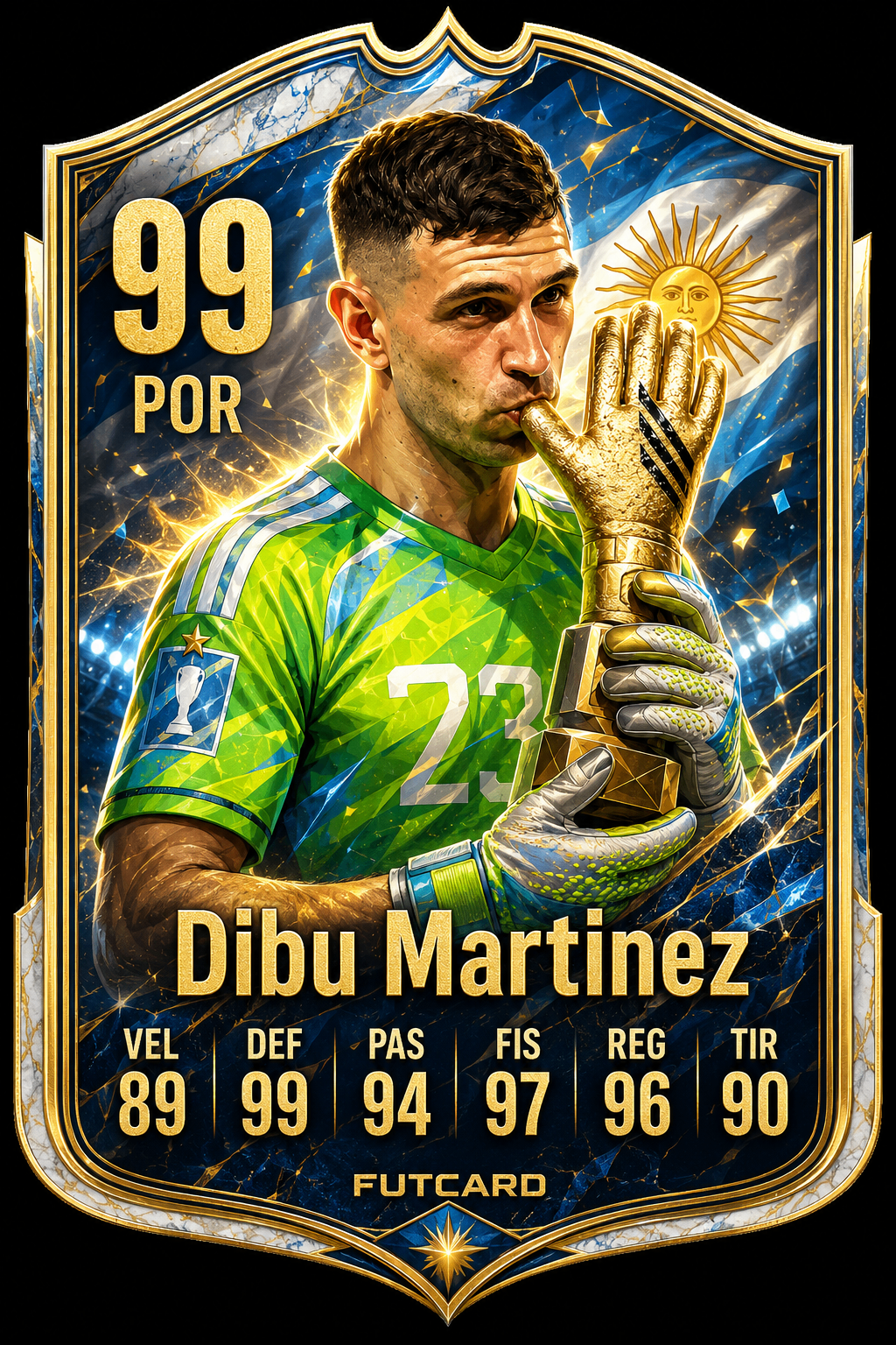 Futcard albiceleste de Dibu Martínez con marco dorado y fondo oscuro premium.