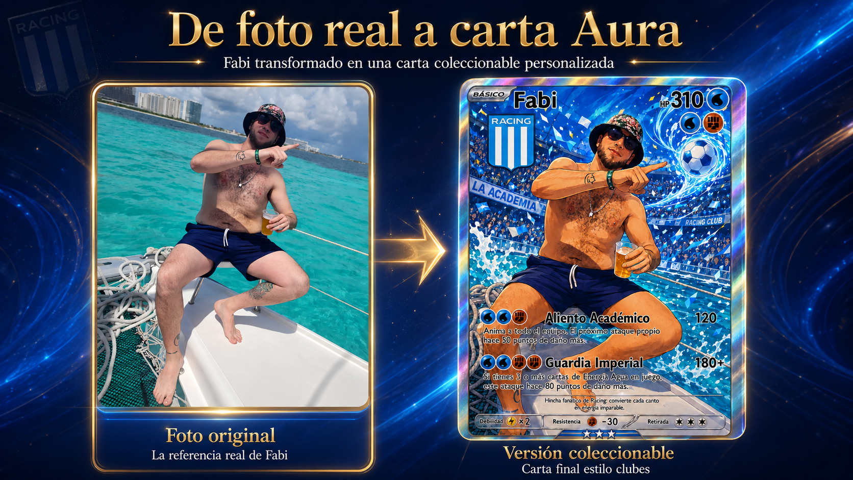 Collage horizontal de Fabi: foto original y carta coleccionable inspirada en club con estética tipo Pokémon.