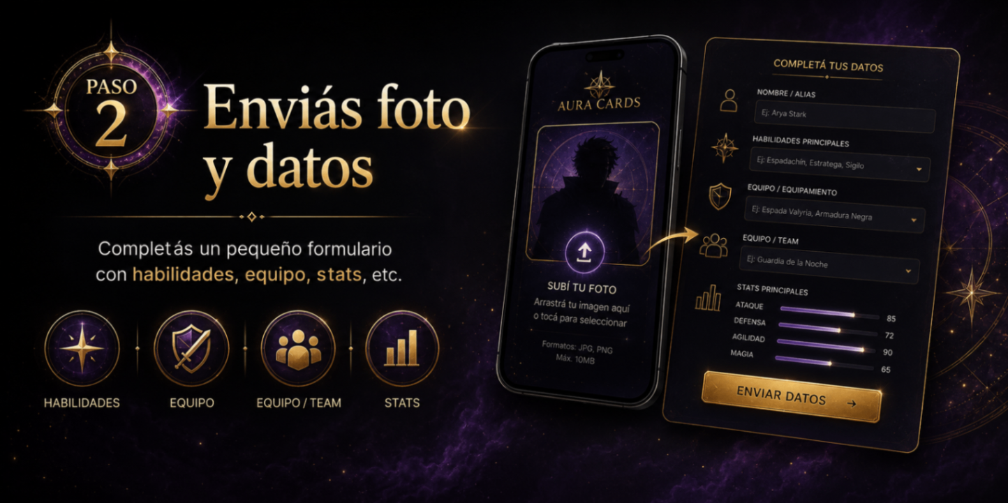 Paso 2 de Aura Cards mostrando carga de foto y formulario de personalización.