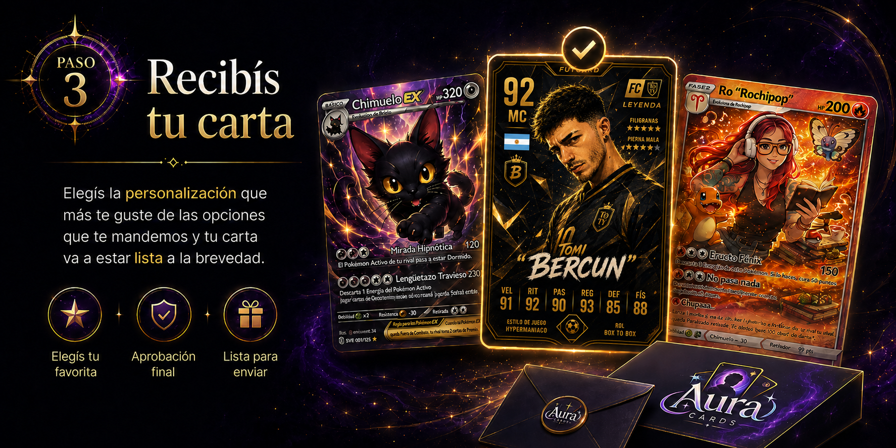 Paso 3 de Aura Cards mostrando selección final de cartas listas para enviar.